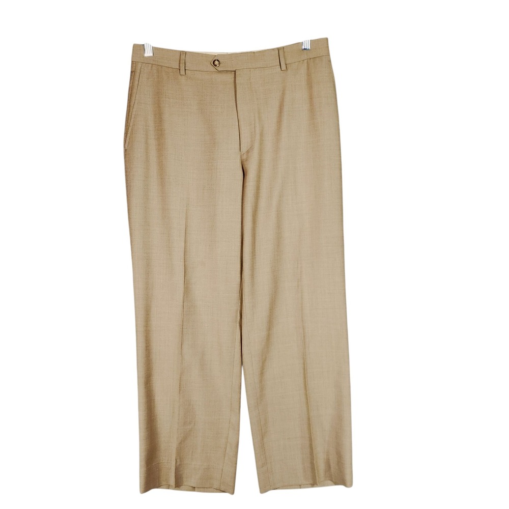 Santorelli Dress Pant Trouser 33x28‎ Men Luxury Serge Tan Wool Flat Front Italy
